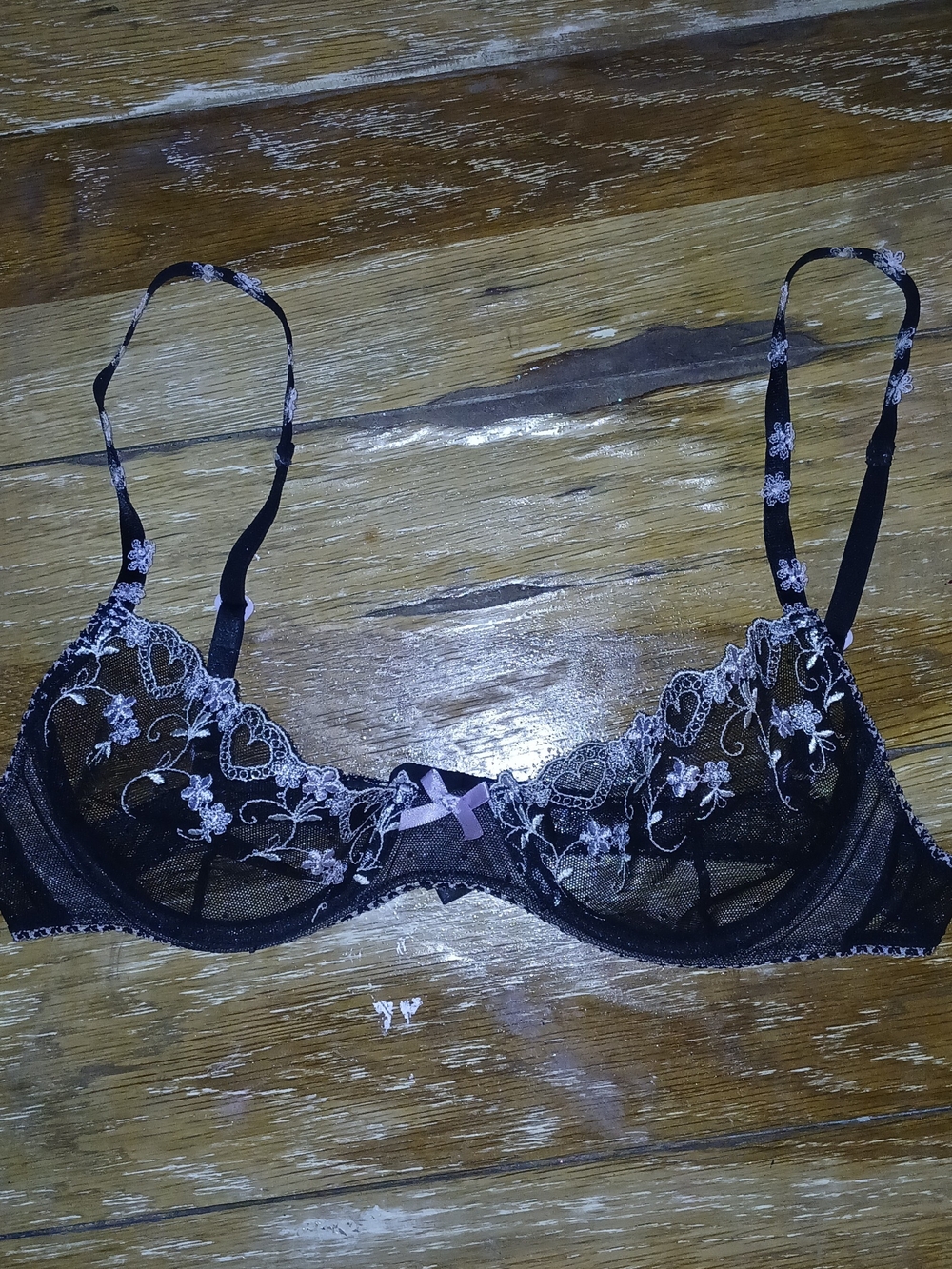 For Love And Lemons Black Sheer Lace Underwire Bra with Pink Embroidery